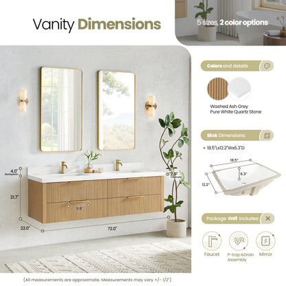 Barcelona 72" Floating Double Bath Vanity in Washed Ash Grey