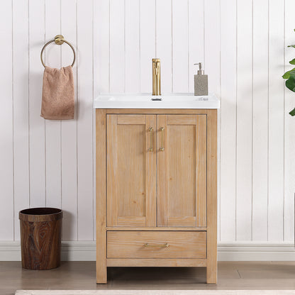 Gela 24" Single Sink Bath Vanity in Fir Wood Brown with Drop-In White Ceramic Basin