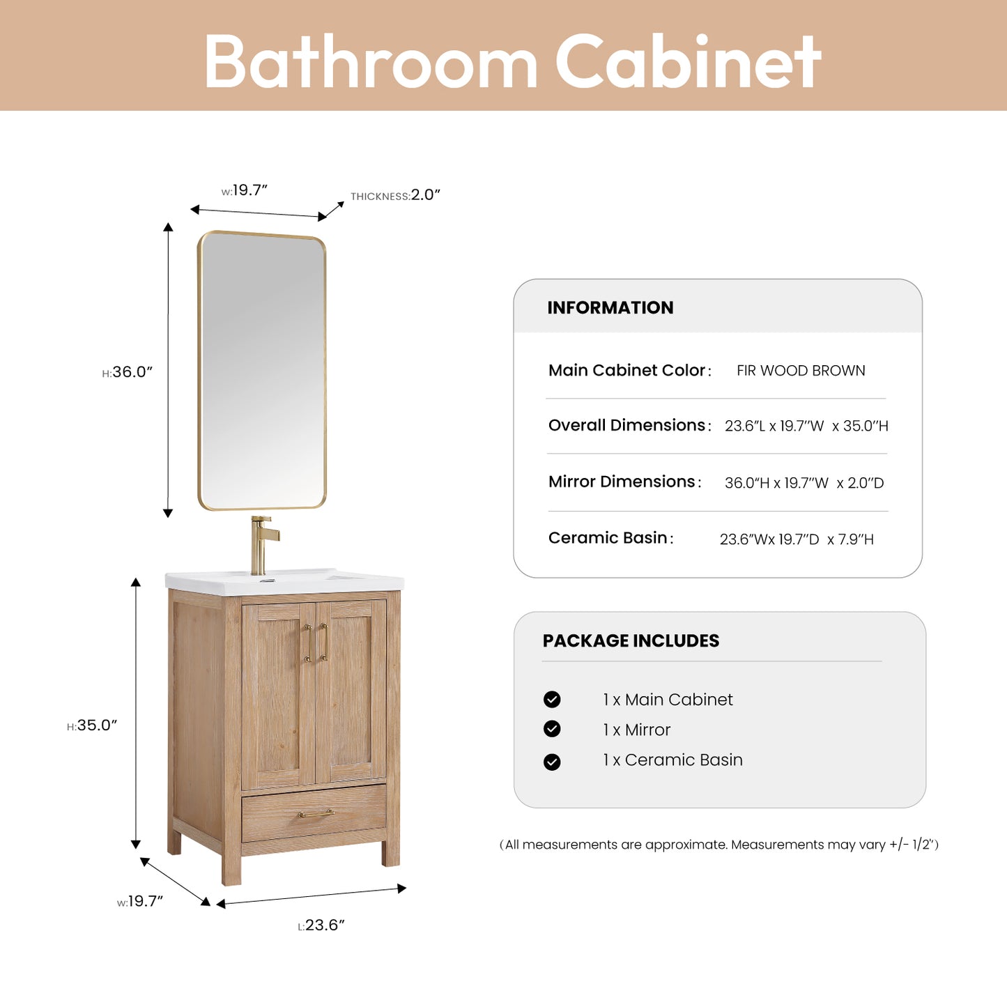 Gela 24" Single Sink Bath Vanity in Fir Wood Brown with Drop-In White Ceramic Basin