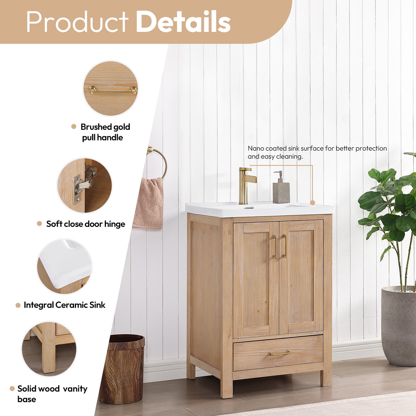 Gela 24" Single Sink Bath Vanity in Fir Wood Brown with Drop-In White Ceramic Basin