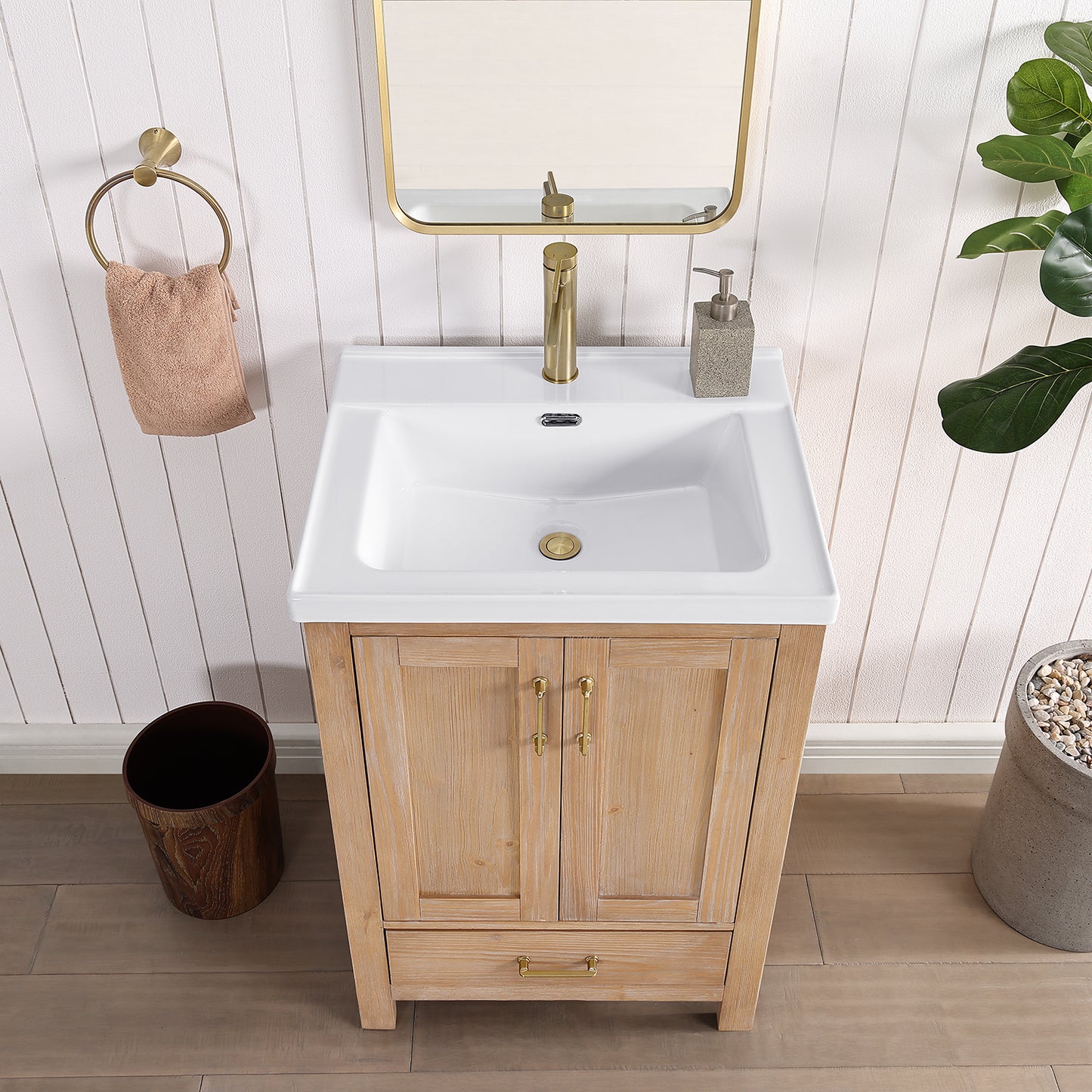 Gela 24" Single Sink Bath Vanity in Fir Wood Brown with Drop-In White Ceramic Basin