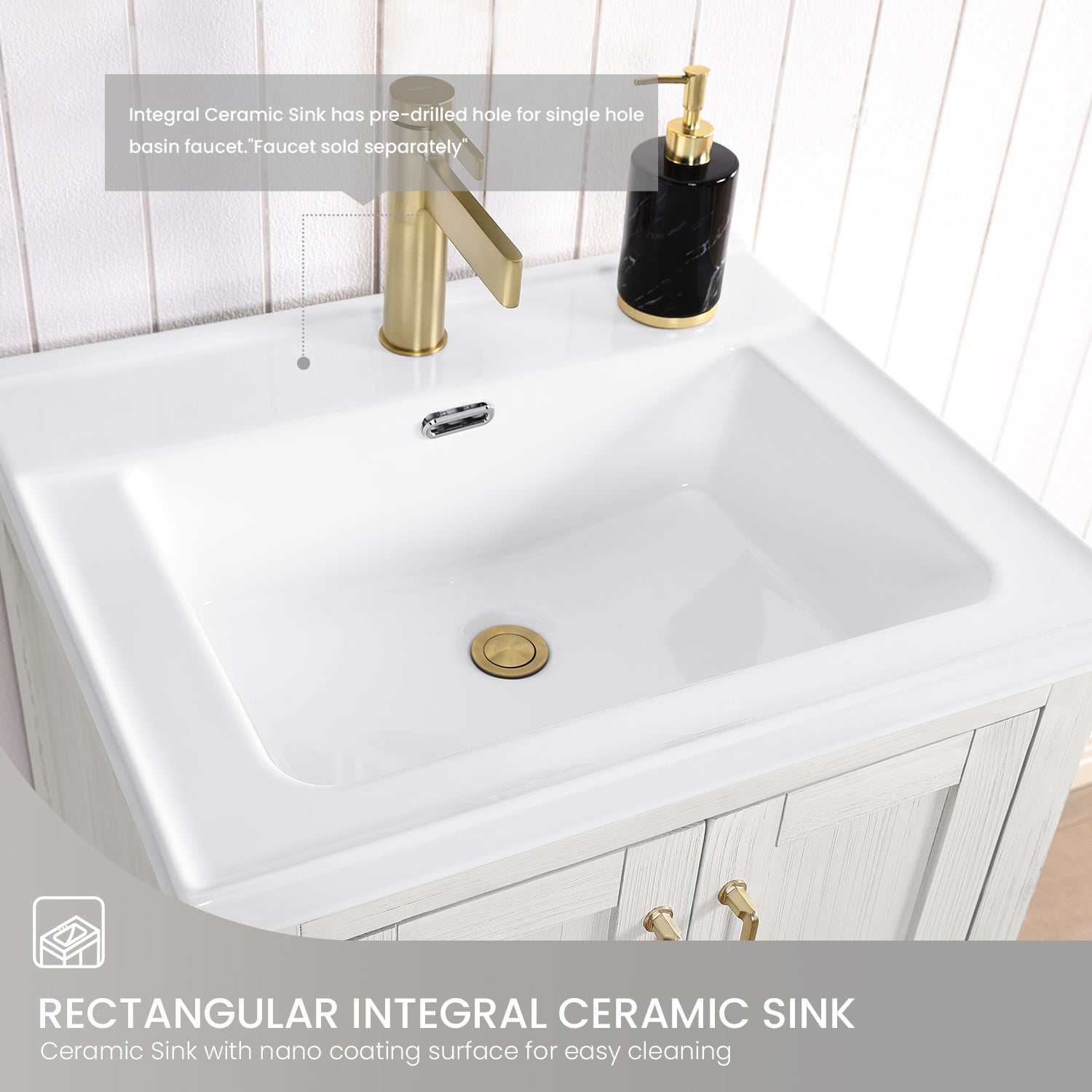 Gela 24" Single Sink Bath Vanity in Fir Wood White with Drop-In White Ceramic Basin