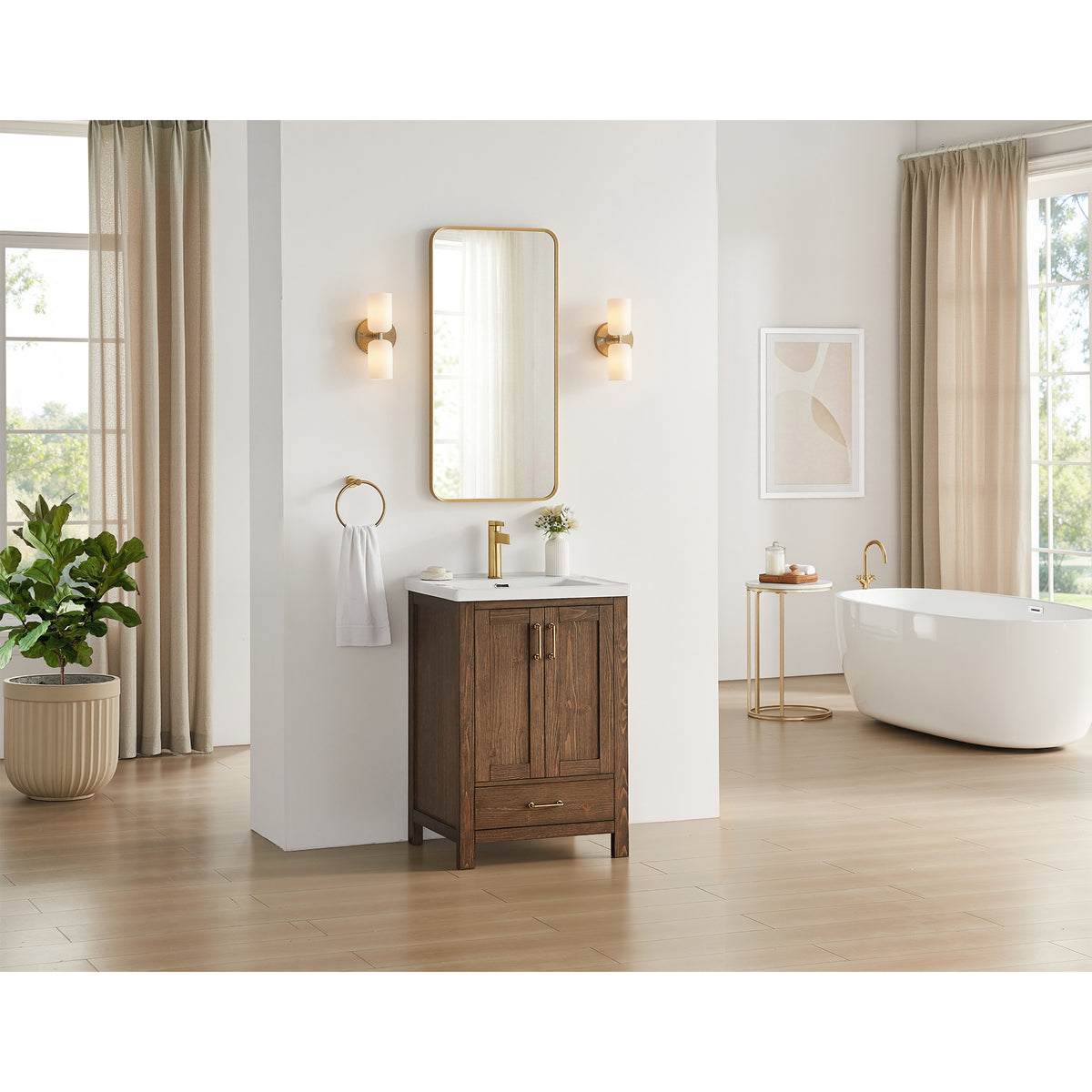 Gela 24" Single Sink Bath Vanity in Spruce Aged Brown and Mirror