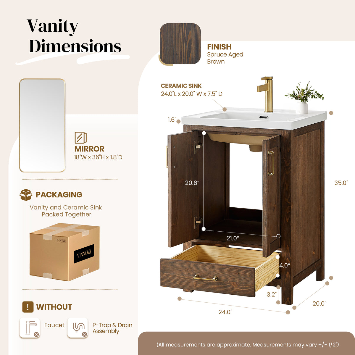 Gela 24" Single Sink Bath Vanity in Spruce Aged Brown and Mirror