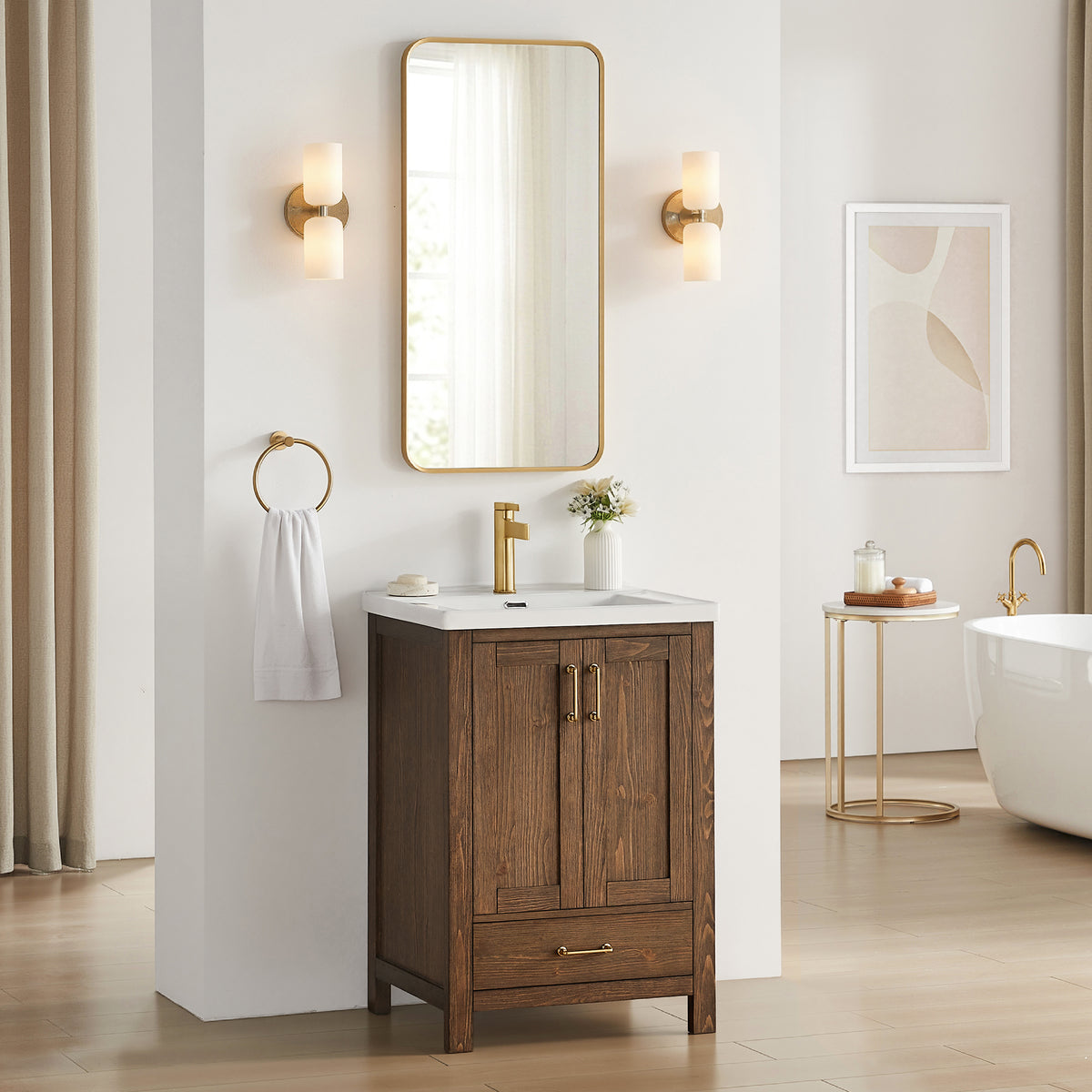 Gela 24" Single Sink Bath Vanity in Spruce Aged Brown and Mirror