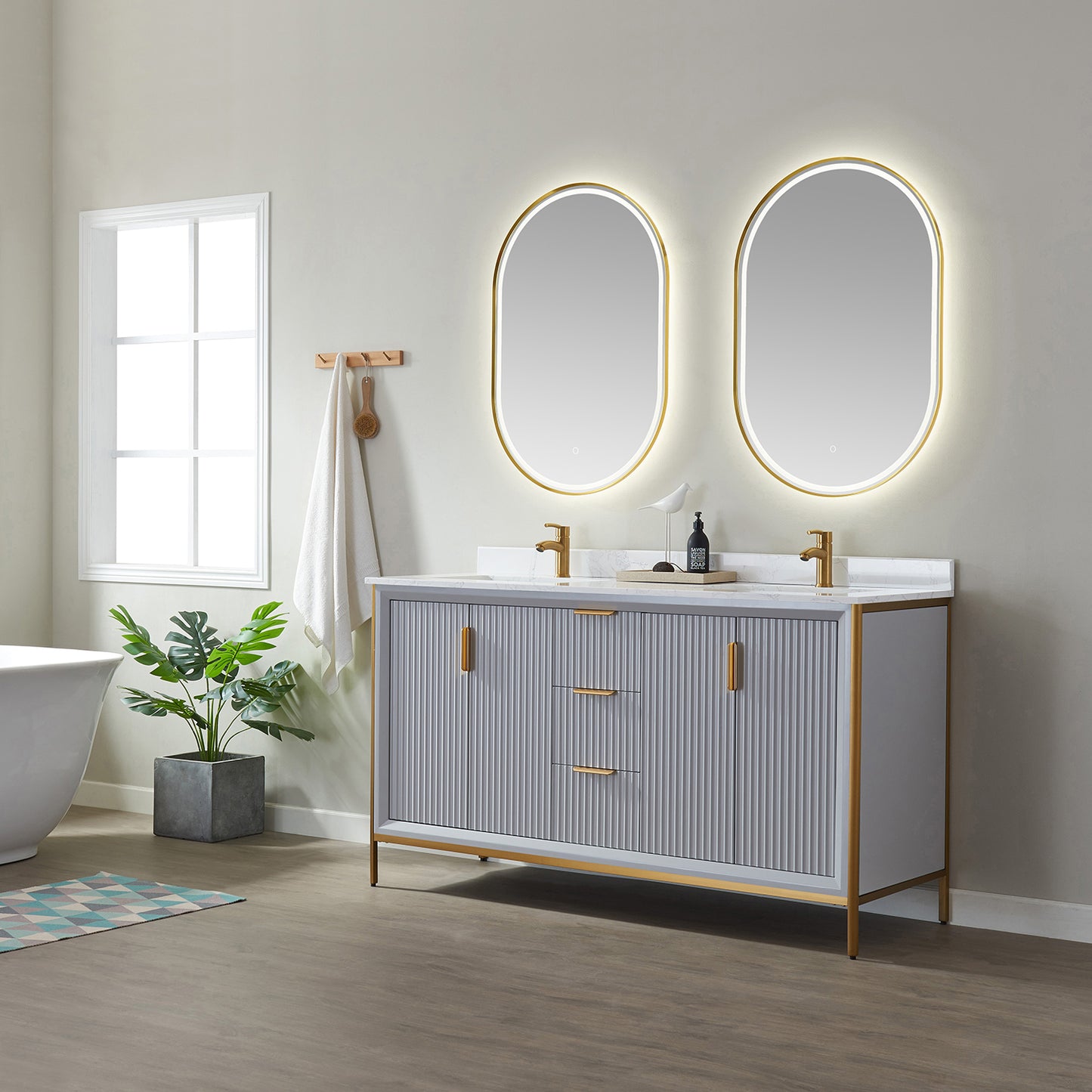 Granada 60" Double Vanity in Paris Grey with White Composite Grain Stone Countertop