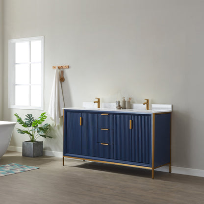 Granada 60" Double Vanity in Royal Blue with White Composite Grain Stone Countertop