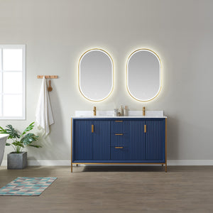 Open image in slideshow, Granada 60&quot; Double Vanity in Royal Blue with White Composite Grain Stone Countertop
