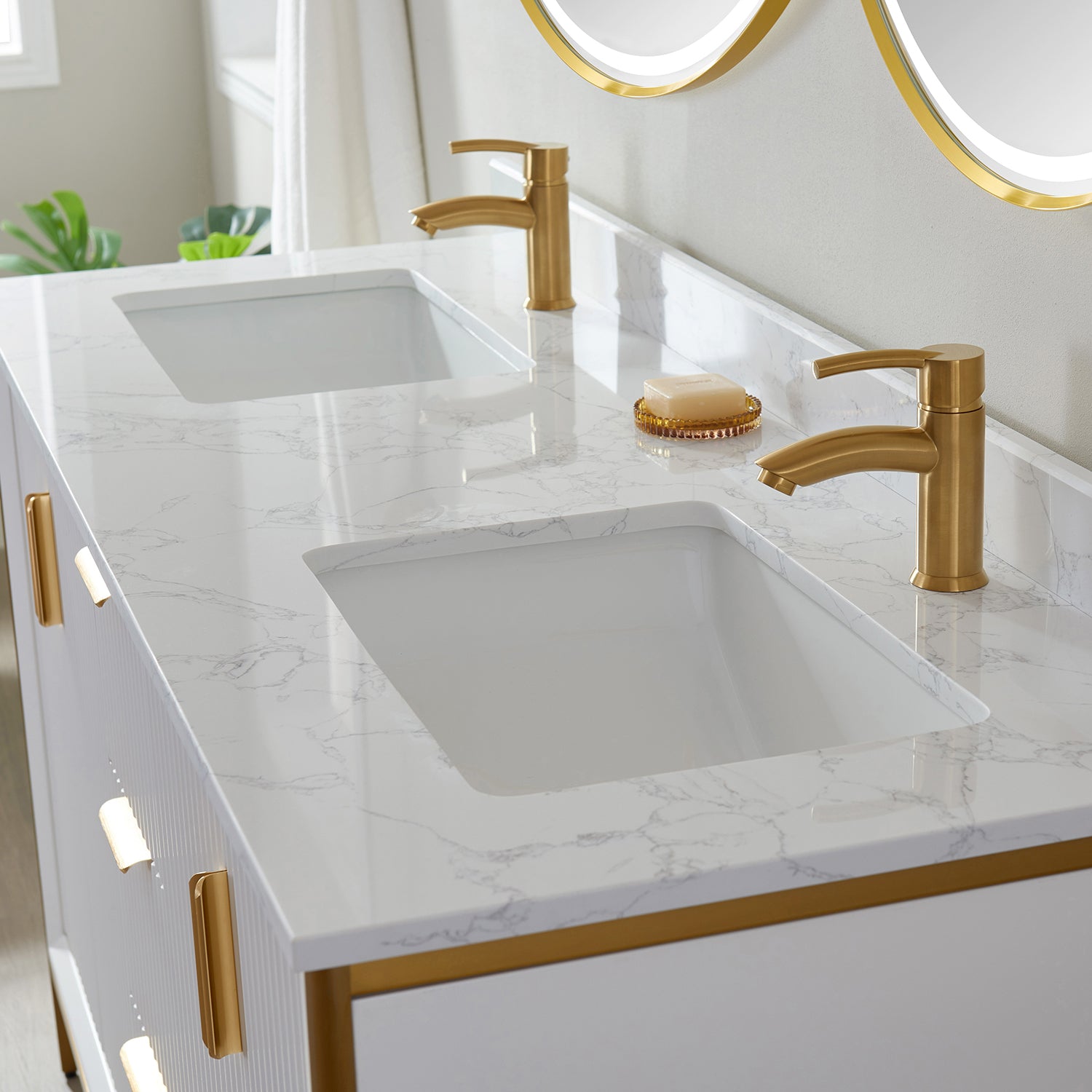 Granada 60" Double Vanity in White with White Composite Grain Stone Countertop