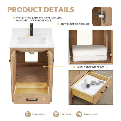 Shannon 24" Single Vanity in Fir Wood Brown and Composite Carrara White Stone Countertop