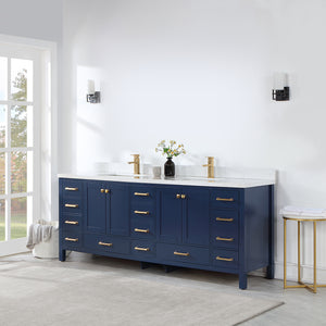 Shannon 84" Double Vanity in Royal Blue and Composite Carrara White Stone Countertop