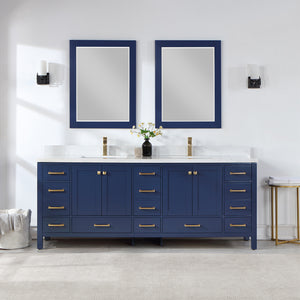 Open image in slideshow, Shannon 84&quot; Double Vanity in Royal Blue and Composite Carrara White Stone Countertop
