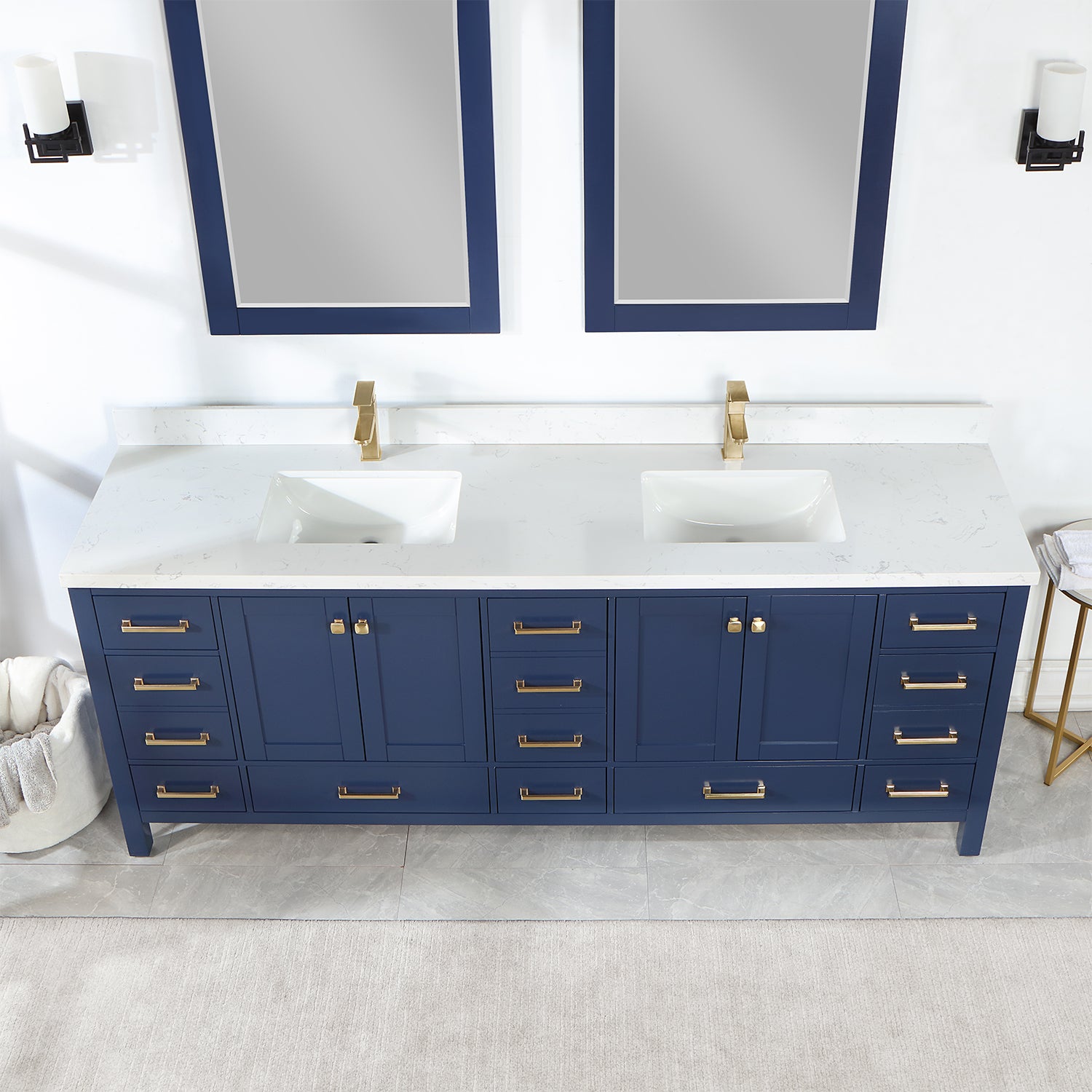 Shannon 84" Double Vanity in Royal Blue and Composite Carrara White Stone Countertop