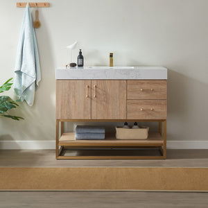 Open image in slideshow, Alistair 42&quot; Single Vanity in North American Oak with White Grain Stone Countertop
