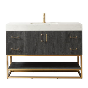 Open image in slideshow, Alistair 48&quot; Single Vanity in North American Black Oak with White Grain Stone Top

