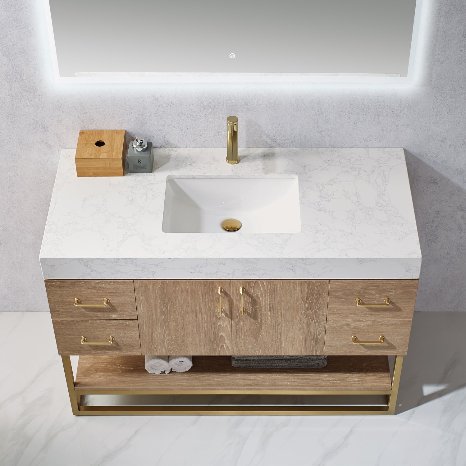 Alistair 48" Single Vanity in North American Oak with White Grain Stone Countertop