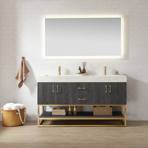 Alistair 60" Double Vanity in North American Black Oak with White Grain Stone Top