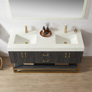 Alistair 60" Double Vanity in North American Black Oak with White Grain Stone Top