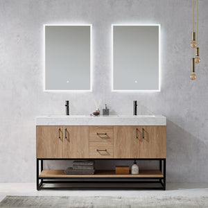 Open image in slideshow, Alistair 60B&quot; Double Vanity in North American Oak with White Grain Stone Countertop
