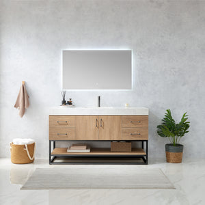 Open image in slideshow, Alistair 60BS&quot; Single Vanity in North American Oak with White Grain Stone Countertop
