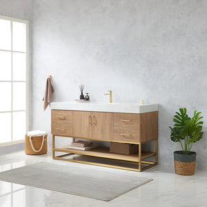 Alistair 60S" Single Vanity in North American Oak with White Grain Stone Countertop