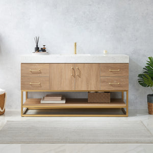 Open image in slideshow, Alistair 60S&quot; Single Vanity in North American Oak with White Grain Stone Countertop
