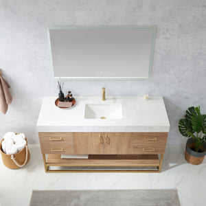 Alistair 60S" Single Vanity in North American Oak with White Grain Stone Countertop