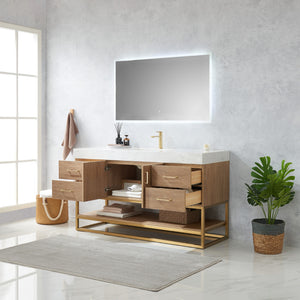 Alistair 60S" Single Vanity in North American Oak with White Grain Stone Countertop