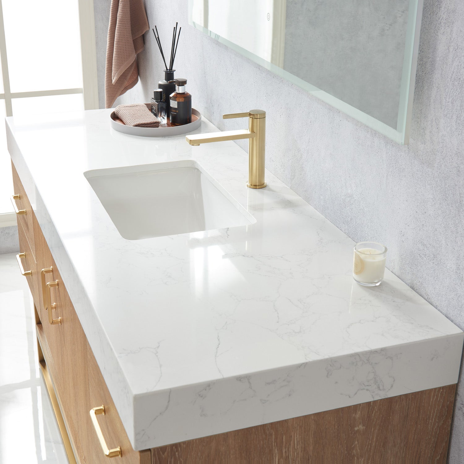 Alistair 60S" Single Vanity in North American Oak with White Grain Stone Countertop