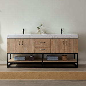 Open image in slideshow, Alistair 72B&quot; Double Vanity in North American Oak with White Grain Stone Countertop
