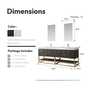 Alistair 84" Double Vanity in North American Black Oak with White Grain Stone Top