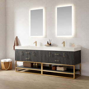 Alistair 84" Double Vanity in North American Black Oak with White Grain Stone Top