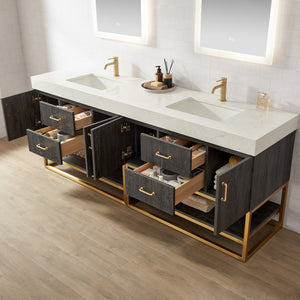 Alistair 84" Double Vanity in North American Black Oak with White Grain Stone Top