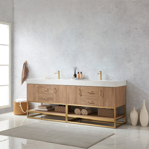 Alistair 84" Double Vanity in North American Oak with White Grain Stone Countertop