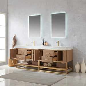 Alistair 84" Double Vanity in North American Oak with White Grain Stone Countertop