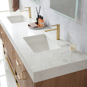 Alistair 84" Double Vanity in North American Oak with White Grain Stone Countertop