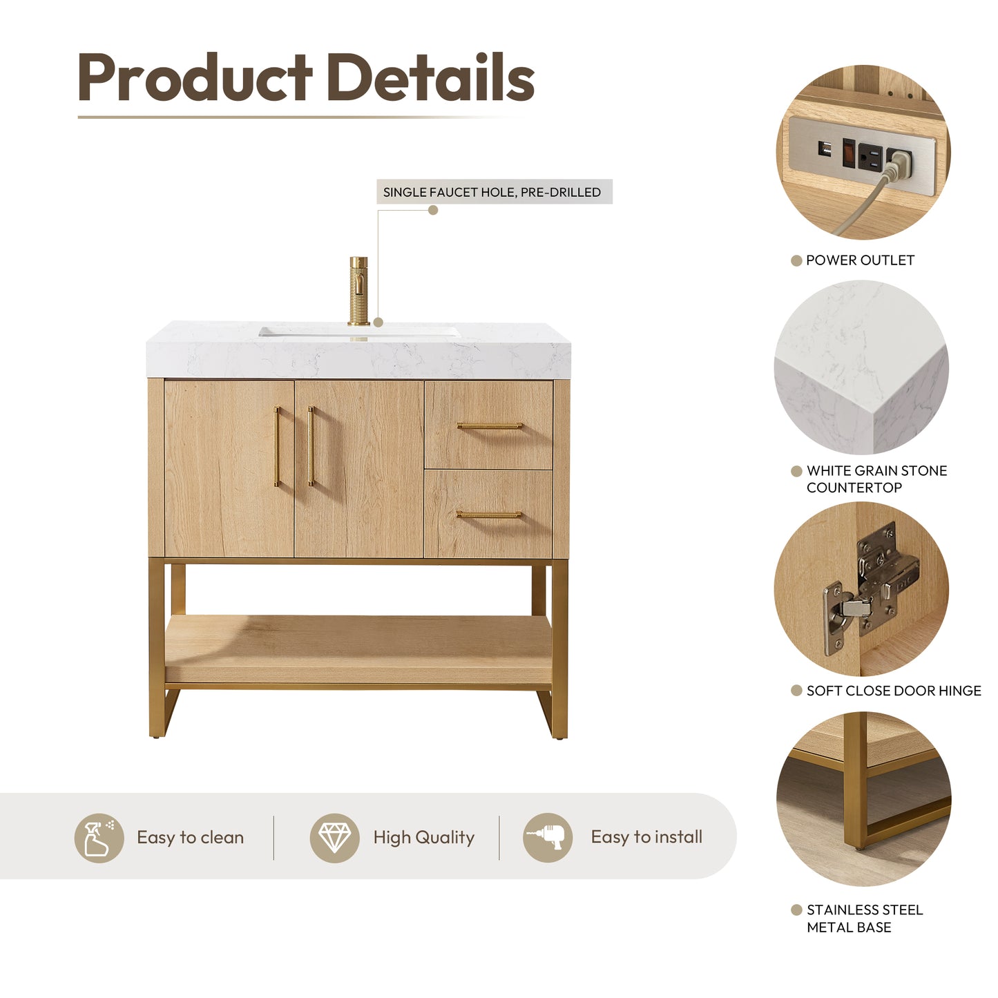 Kolkata 36" Single Sink Bath Vanity in Weathered Oak with White Grain Composite Stone Top