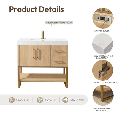 Kolkata 36" Single Sink Bath Vanity in Weathered Oak with White Grain Composite Stone Top