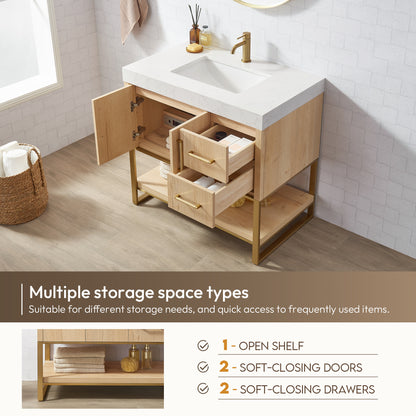 Kolkata 36" Single Sink Bath Vanity in Weathered Oak with White Grain Composite Stone Top