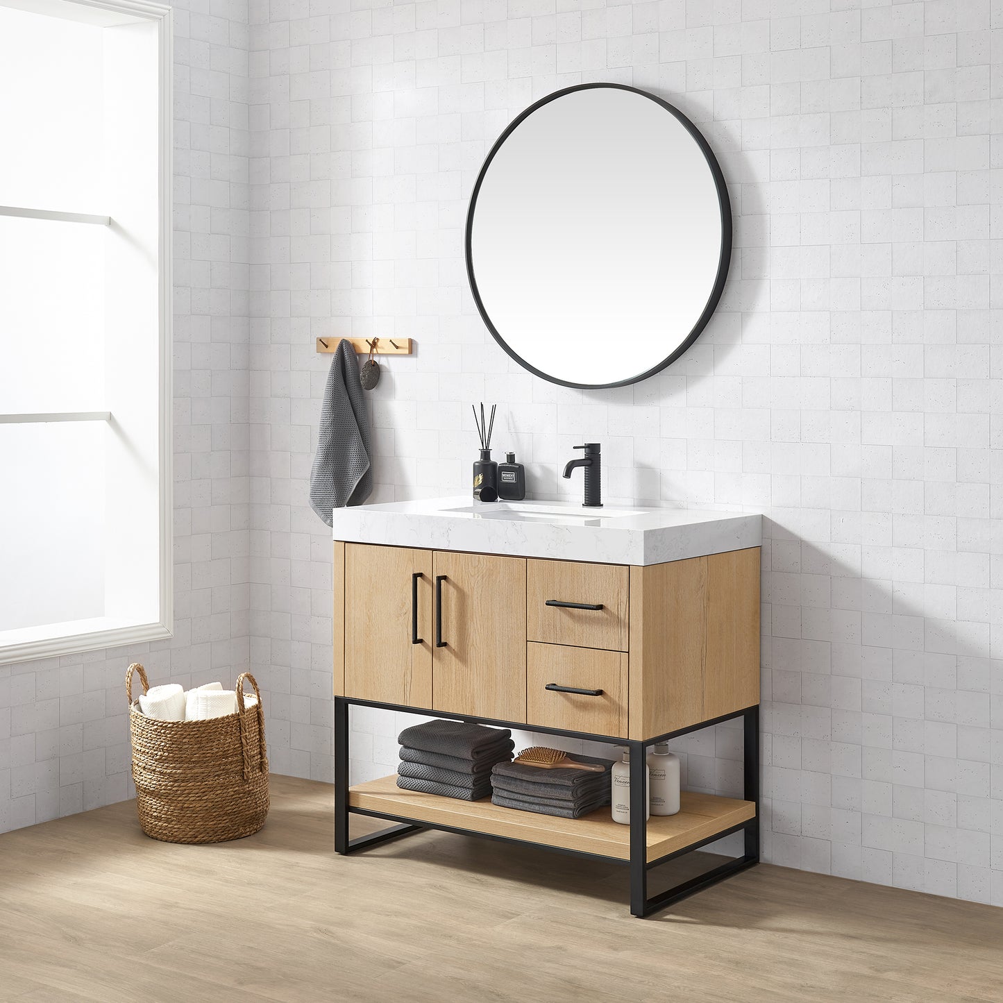 Kolkata 36B" Single Sink Bath Vanity in Weathered Oak with White Grain Composite Stone Top