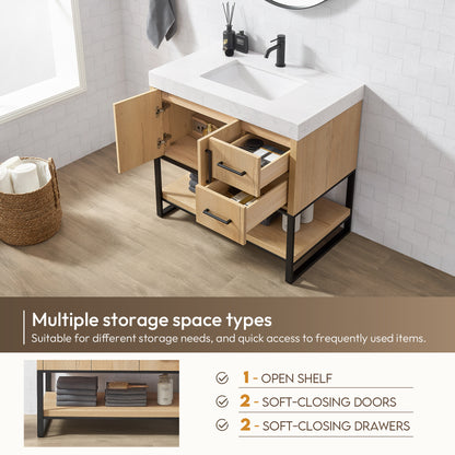 Kolkata 36B" Single Sink Bath Vanity in Weathered Oak with White Grain Composite Stone Top