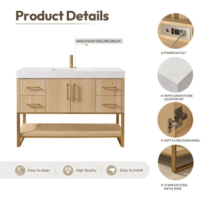 Kolkata 48" Single Sink Bath Vanity in Weathered Oak with White Grain Composite Stone Top