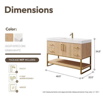 Kolkata 48" Single Sink Bath Vanity in Weathered Oak with White Grain Composite Stone Top