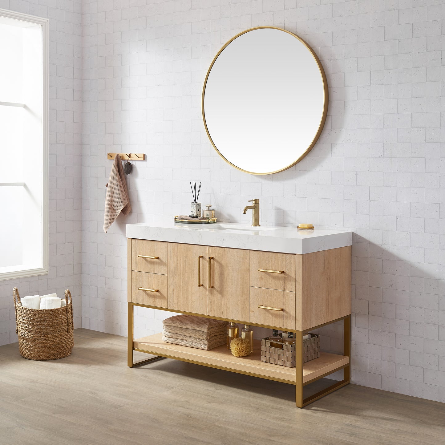 Kolkata 48" Single Sink Bath Vanity in Weathered Oak with White Grain Composite Stone Top