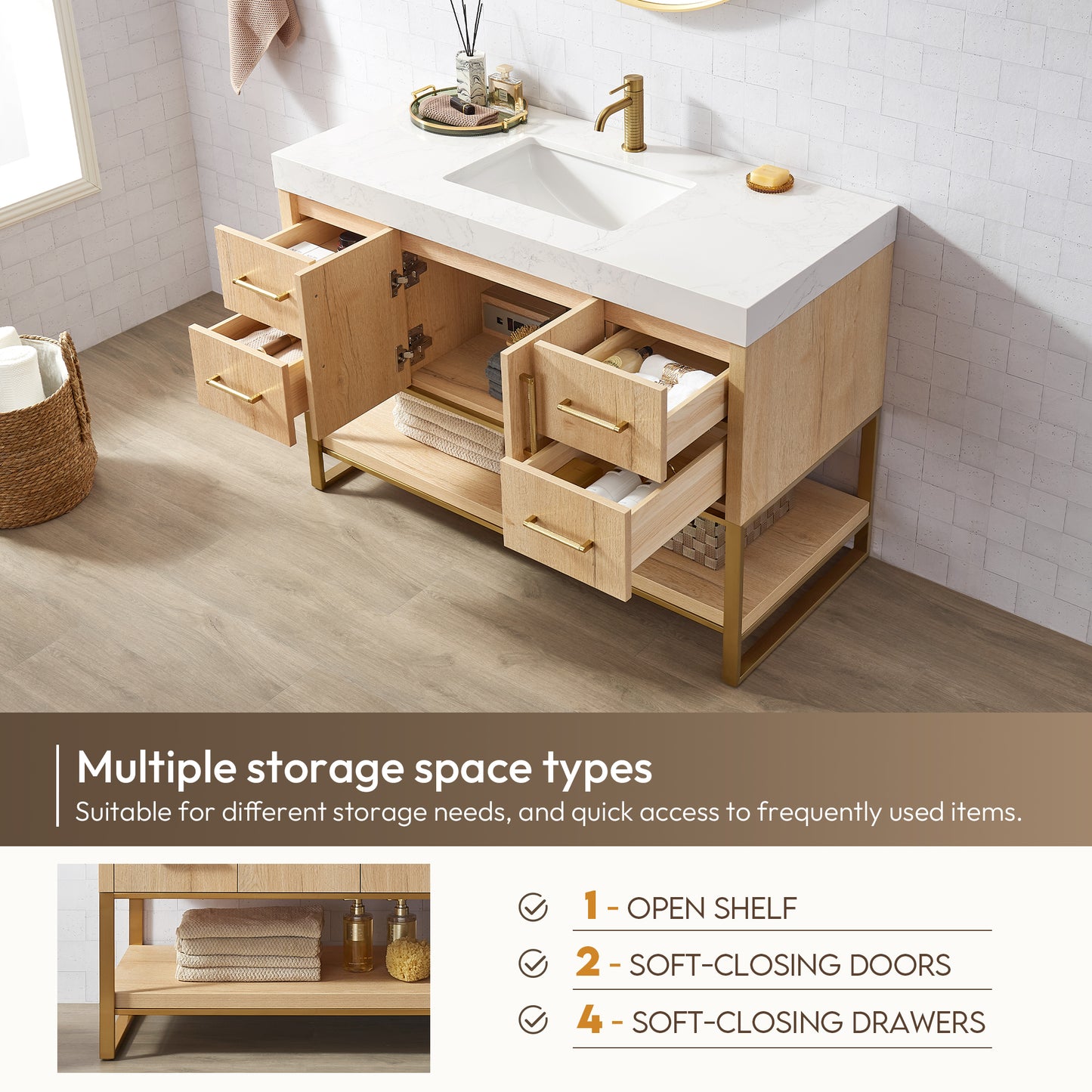 Kolkata 48" Single Sink Bath Vanity in Weathered Oak with White Grain Composite Stone Top