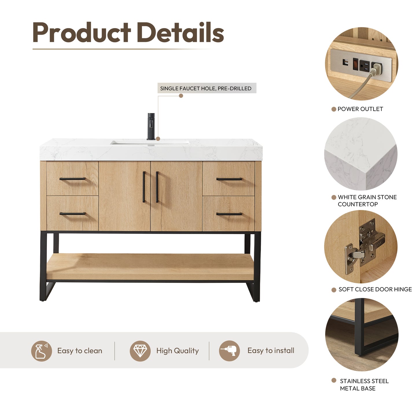 Kolkata 48B" Single Sink Bath Vanity in Weathered Oak with White Grain Composite Stone Top
