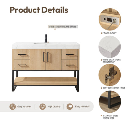 Kolkata 48B" Single Sink Bath Vanity in Weathered Oak with White Grain Composite Stone Top