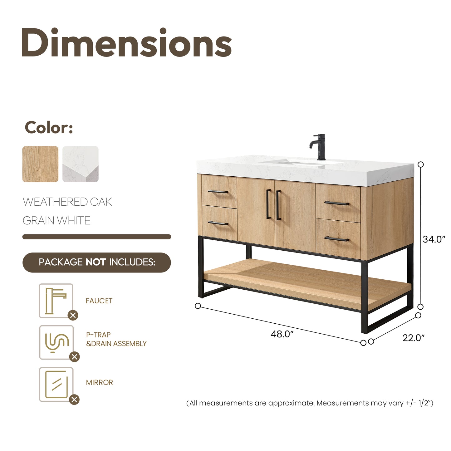 Kolkata 48B" Single Sink Bath Vanity in Weathered Oak with White Grain Composite Stone Top