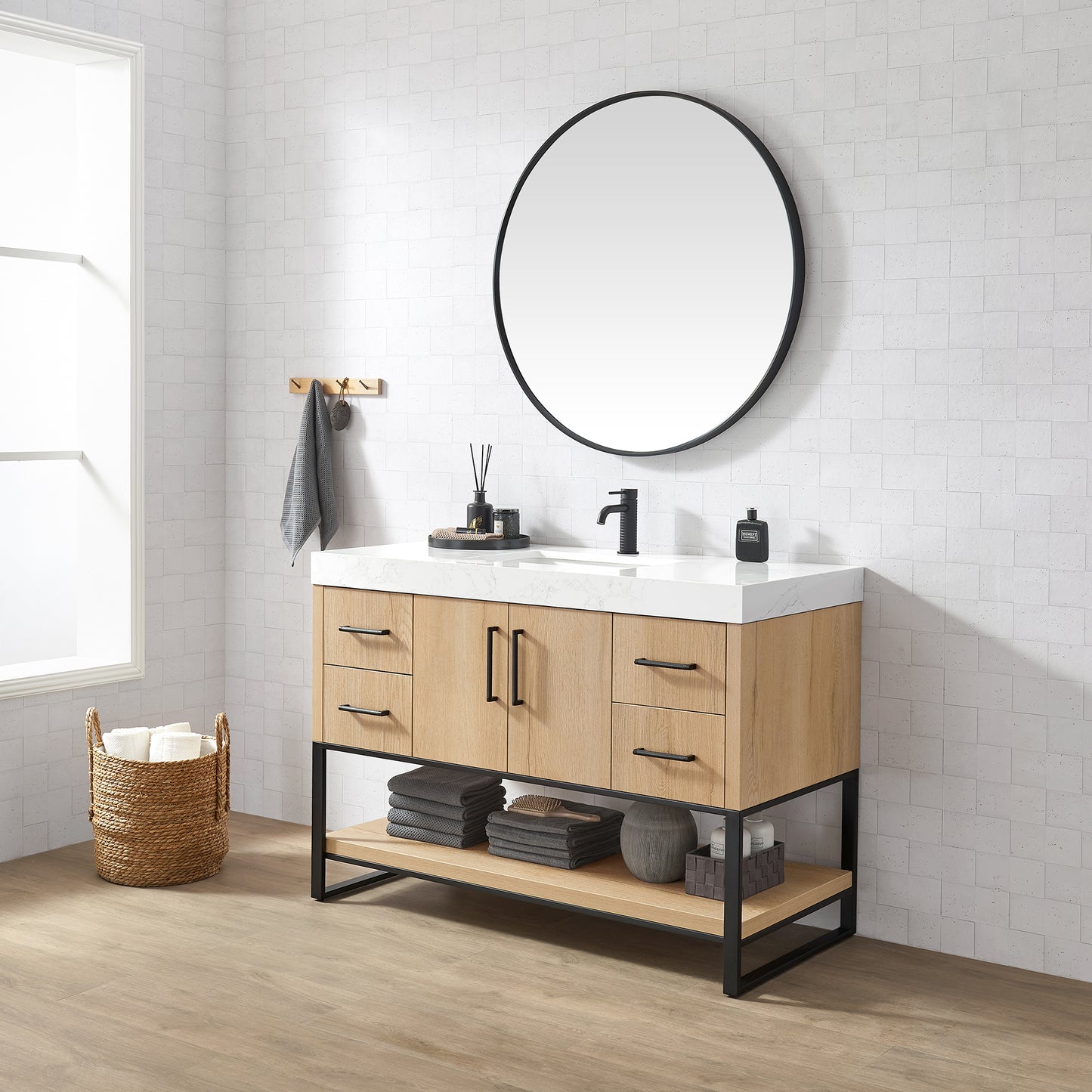 Kolkata 48B" Single Sink Bath Vanity in Weathered Oak with White Grain Composite Stone Top