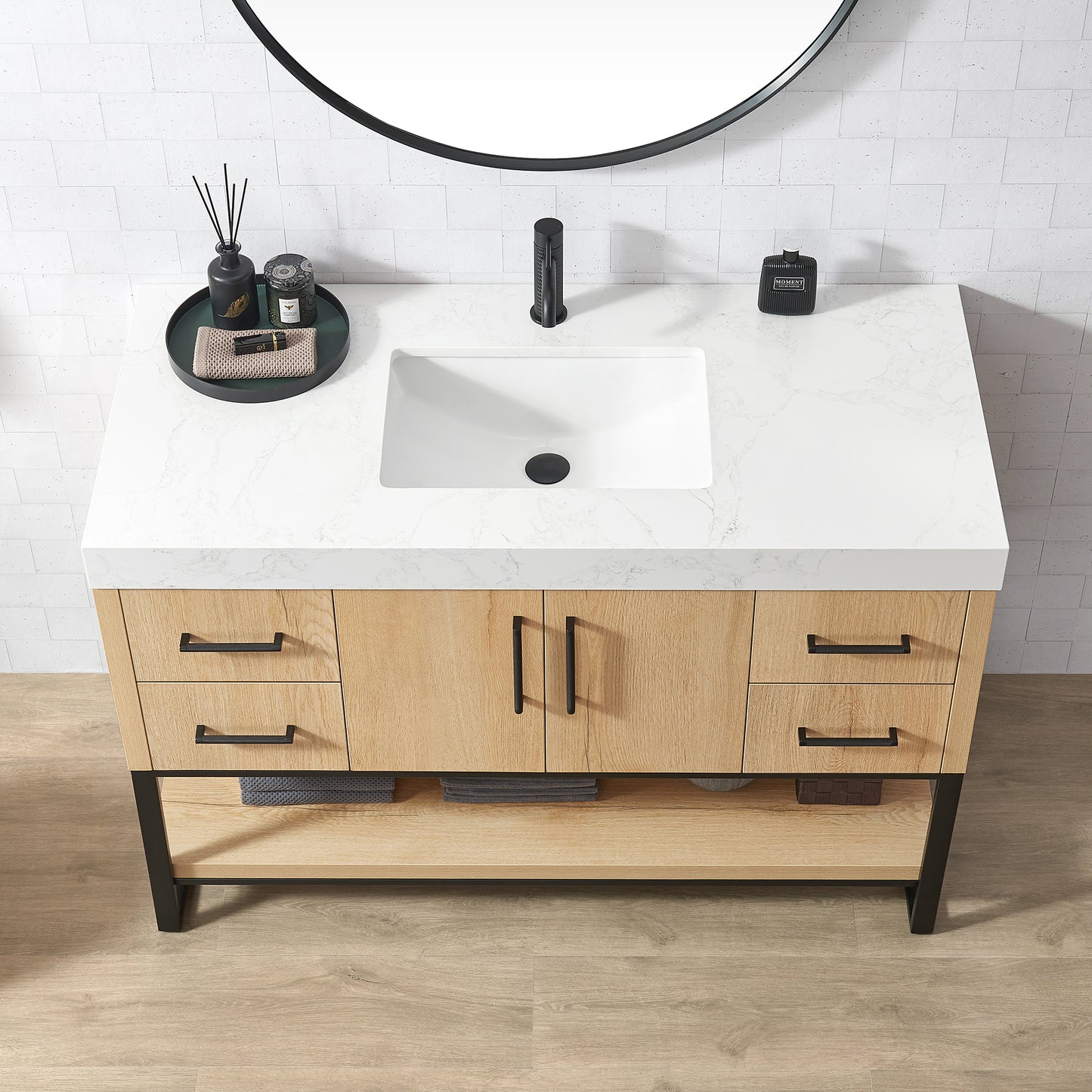 Kolkata 48B" Single Sink Bath Vanity in Weathered Oak with White Grain Composite Stone Top